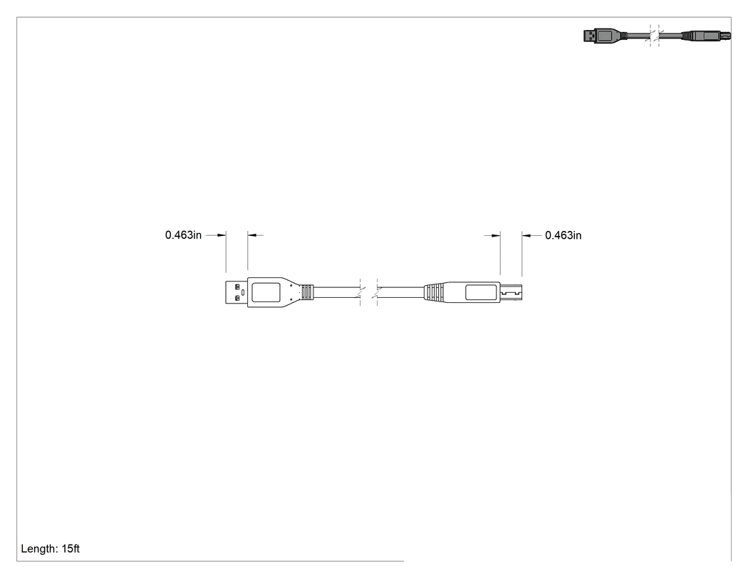 Teknik Çizim - USB Kablosu, USB Standart 3.2 Gen 1, 15 Fit Uzunluğunda A Fiş x B Fiş