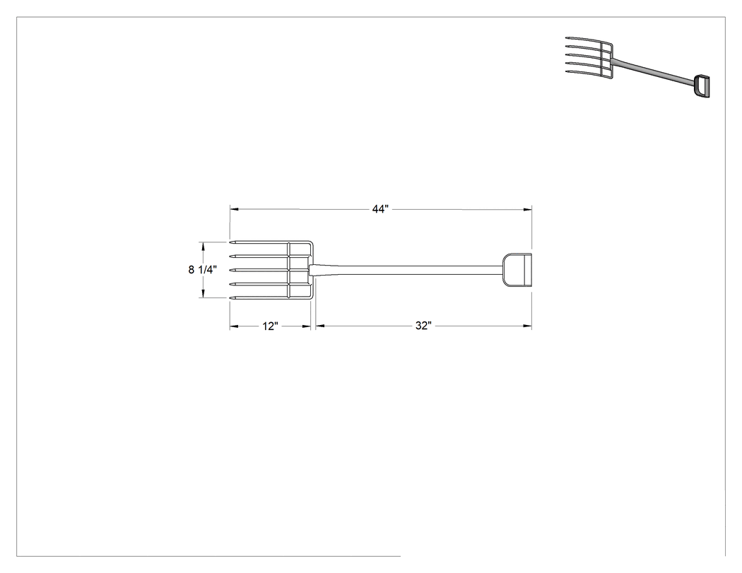 Teknik Çizim - Hijyenik Kepçe Çatal, 44" Uzunluk x 8-1/4" Toplam Genişlik, Beş adet 12 inç Yüksekliğinde Diş