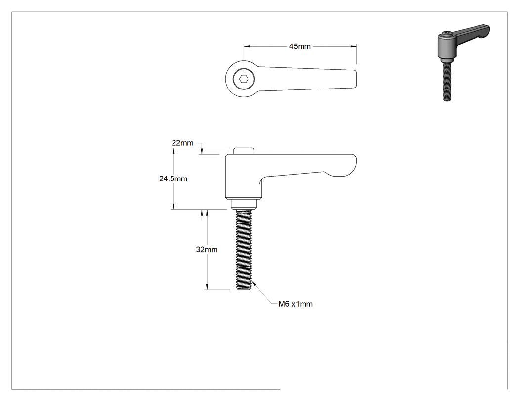 Teknik Çizim - Düşük Profilli Ayarlanabilir Tutamak, M6 x 1 mm Dişli 32 mm Uzunlukta Saplamalı, Siyah Naylon