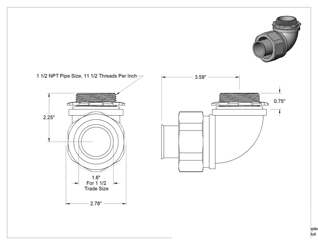 Teknik Çizim - 1-1/2 Dişi x NPT Erkek Çelik 90 Derece Adaptör, Sürekli Esnek Sıvı Sızdırmaz Plastik Kanal için