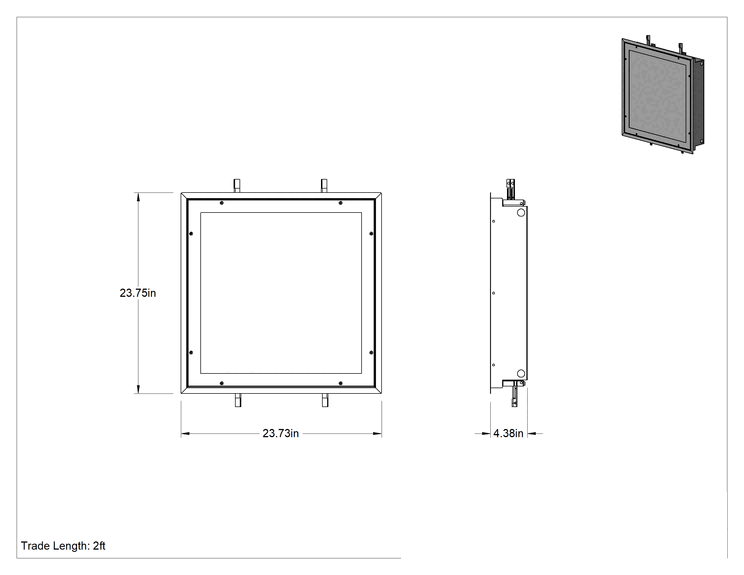 Teknik Çizim - Temiz Oda Gömme Tavan Işıkları, 23-3/4" Uzunluk x 23-3/4" Genişlik x 4-3/8" Yükseklik