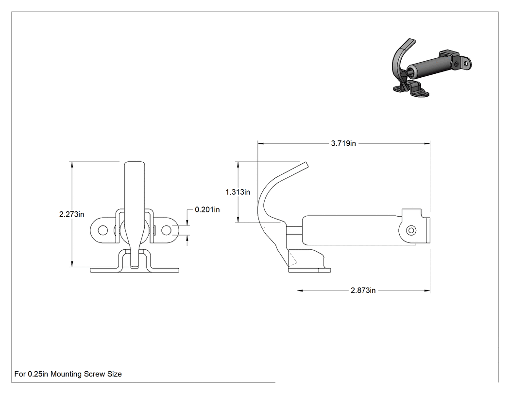 Teknik Çizim - T-Saplı Sıkı Tutuşlu Çekme Mandalı, Siyah Boyalı Çelik, 2-3/4" Kilitleme Mesafesi