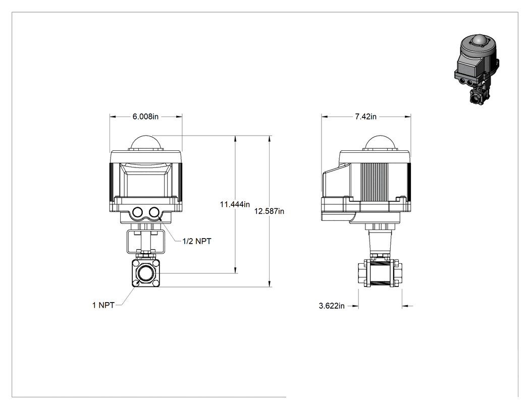 Teknik Çizim - Motor Tahrikli Akış Ayar Valfi, 1 NPT Dişi