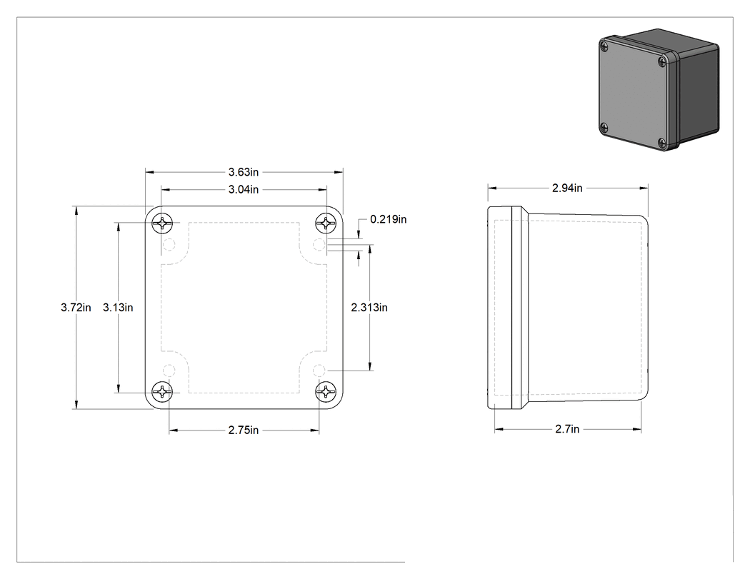 Teknik Çizim - Su Geçirmez Fiberglas Muhafaza, Çıkarılabilir Kapaklı, 3-3/4 inç Genişlik x 3-3/4 inç Yükseklik x 3 inç Derinlik