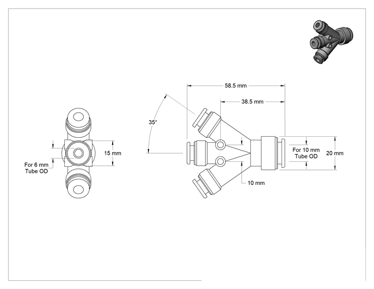 Teknik Çizim - Bas-Bağlantı Elemanı, 10 mm x 6 mm Dış Çaplı Boru için Çift Y Yükseltici