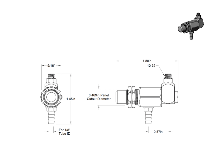 Teknik Çizim - Dişli Bağlantı Parçalı Döner Açma/Kapama Vanası, Düğme, 10-32 UNF Diş Erkek x 1/8" Boru İç Çapı için