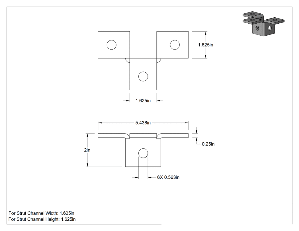 Teknik Çizim - Strut Kanalı Braketi, Üçlü 90 Derece, Galvanizli Çelik