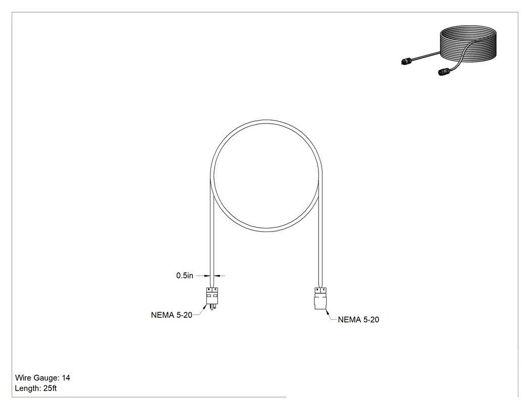 Teknik Çizim - Uzatma Kablosu, Aşınmaya Dayanıklı, NEMA 5-20, 25' Uzunluk, 14 AWG