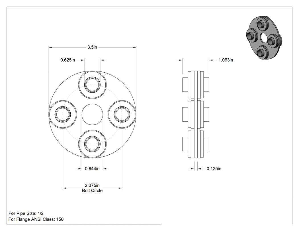 Teknik Çizim - Farklı Metaller için Cıvata Delikli Conta, 1/2 Boru Boyutu, 1/8" Kalınlık, Yağa Dayanıklı Sıkıştırılabilir Buna-N