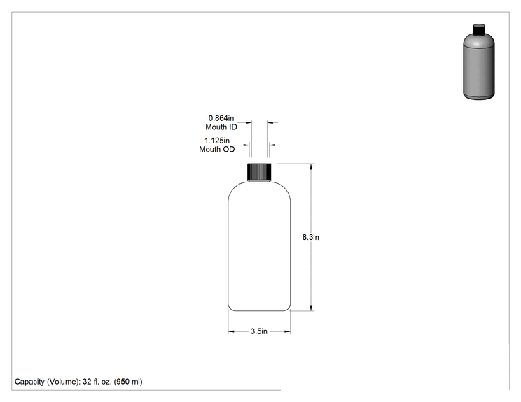 Teknik Çizim - Şeffaf PET Plastik Şişe, 32 FL. oz./1000 ml Kapasite, 1-1/8" Ağız Dış Çapı