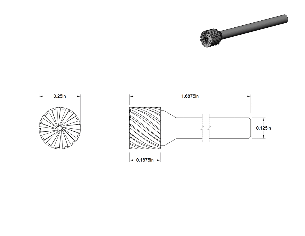 Teknik Çizim - 1/8" Çaplı Şaftlı Karbür Freze Ucu, Düz Kesici Silindir, Ticaret No. Sb-51, Tek Kesim