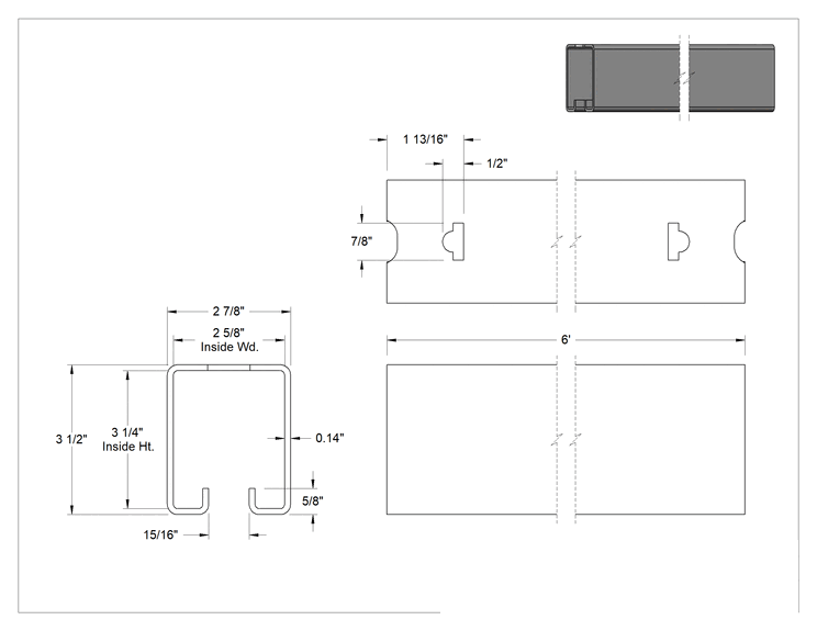 Teknik Çizim - Kapılar için Silindir Rayı, Toz Boyalı Çelik, 1000 lbs. Kapasite, 6 Fit Uzunluk, Bej