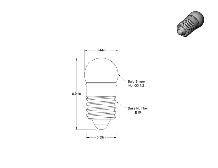 Teknik Çizim - Minyatür Ampul, Vidalı Taban, Küre, Ticaret No., 458, 1.5V DC, 1.5V AC