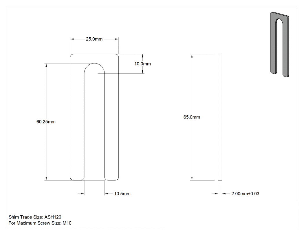 Teknik Çizim - 1008-1010 Karbon Çelik Oluklu Şim, Anma Ölçüsü Ash120, 65 mm Uzunluk, 2 mm Kalınlık