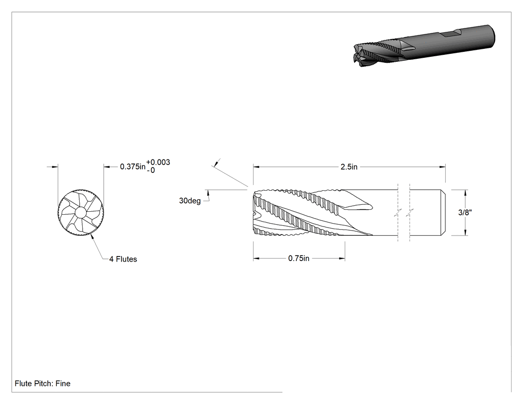 Teknik Çizim - Kaba İşleme Kobalt Çelik Kare Uçlu Freze, TICN Kaplama, 4 Kanallı, 3/8" Freze Çapı, 2-1/2" Toplam Uzunluk, İnce