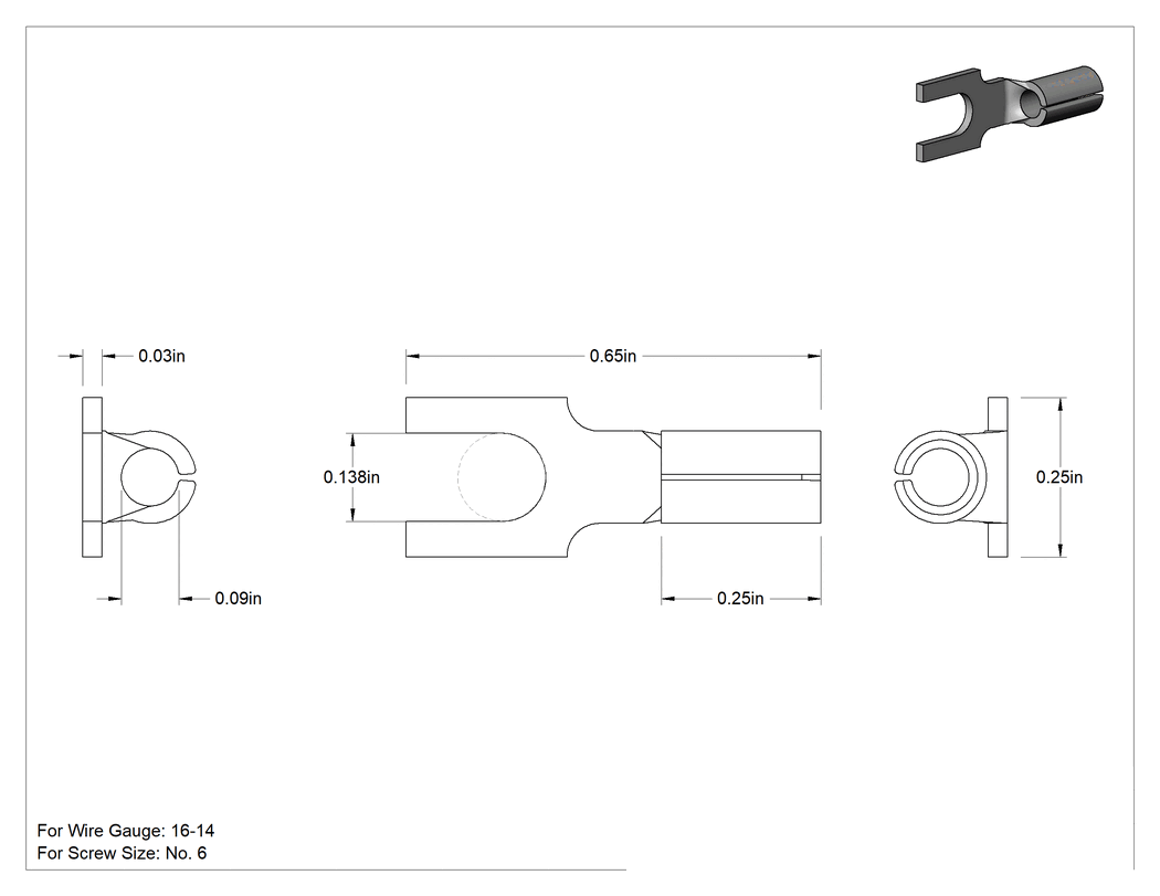 Teknik Çizim - Çatal Terminalleri, Blok, 16-14 AWG ve 6 Numaralı Vida Boyutu için, 0.25 inç Genişlik