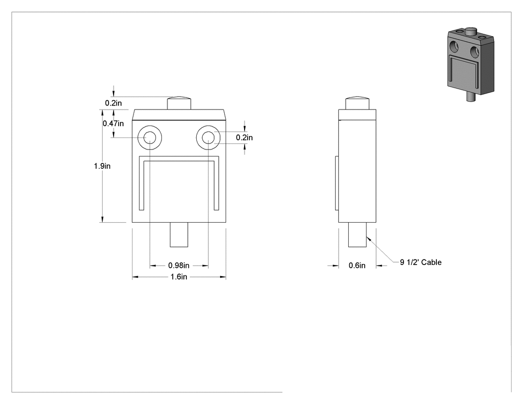Teknik Çizim - Düşük Profilli Islak Ortam Sınır Anahtarı, Kılavuzlu, Pistonlu Aktüatör, 250V AC/DC, Alüminyum Muhafaza