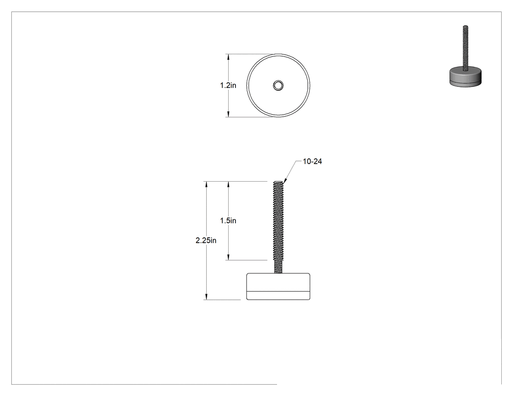 Teknik Çizim - Naylon Yastıklı 303 Paslanmaz Çelik Sert Seviyeleme Montaj Parçası, 1-1/2" Uzunlukta 10-24 Dişli Saplama, 1-3/16" Taban Çapı