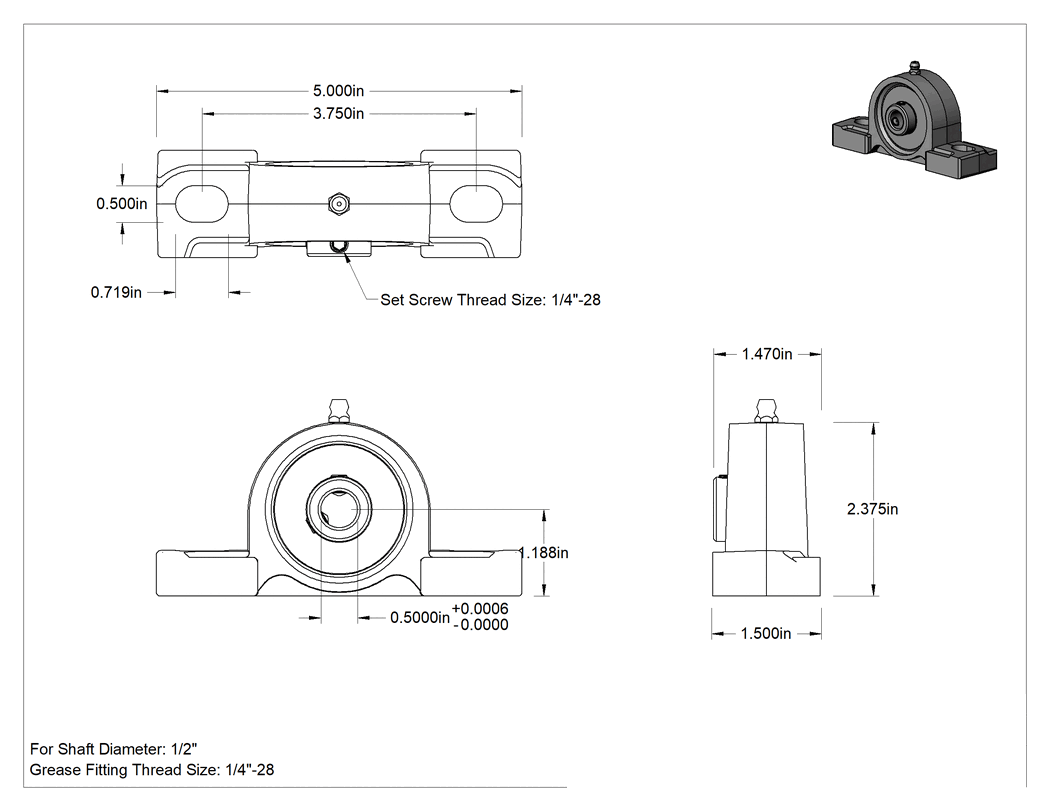 Teknik Çizim - Nikel Kaplı Demir Muhafazalı Montajlı Bilyalı Rulman, 1/2" Mil Çapı için