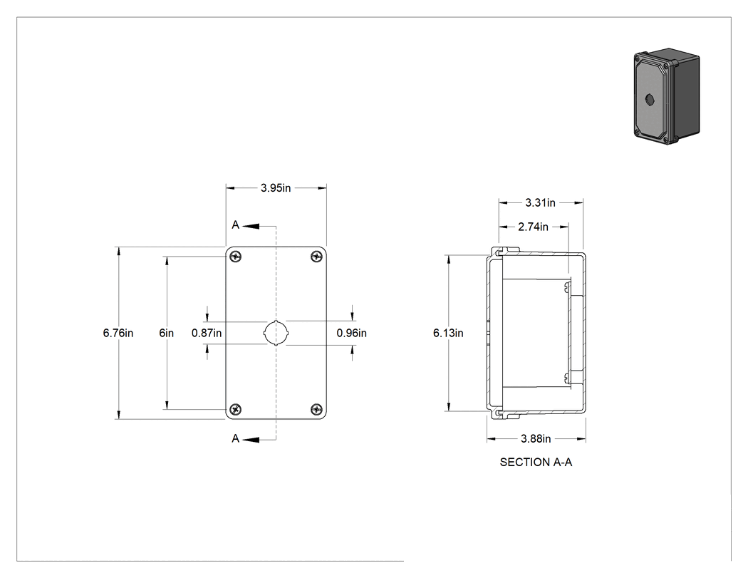 Teknik Çizim - Fiberglas su geçirmez basmalı düğme muhafazası, Çıkarılabilir Kapaklı, 22 mm Basma Düğmesi için 1 Delik