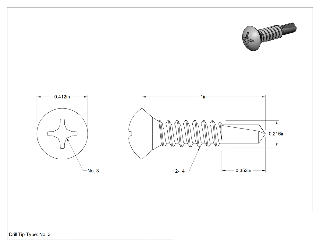 Teknik Çizim - Metal için Oval Başlı Delme Vidaları, Çinko Kaplı Çelik, 12 Numaralı Vida Boyutu, 1" Uzunluk