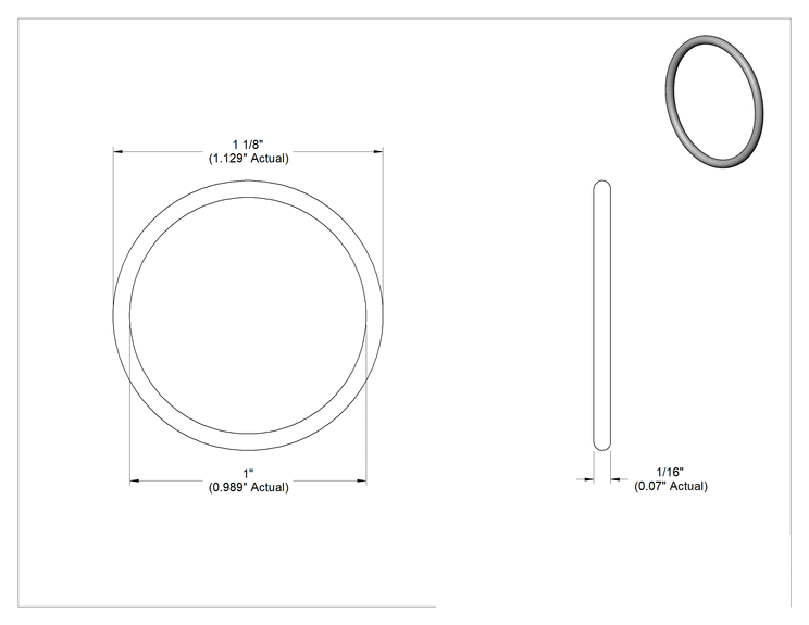 Teknik Çizim - Suya ve Hava Koşullarına Dayanıklı Neopren O-Ring, 1/16 Kesirli Genişlik, Dash Numarası 022