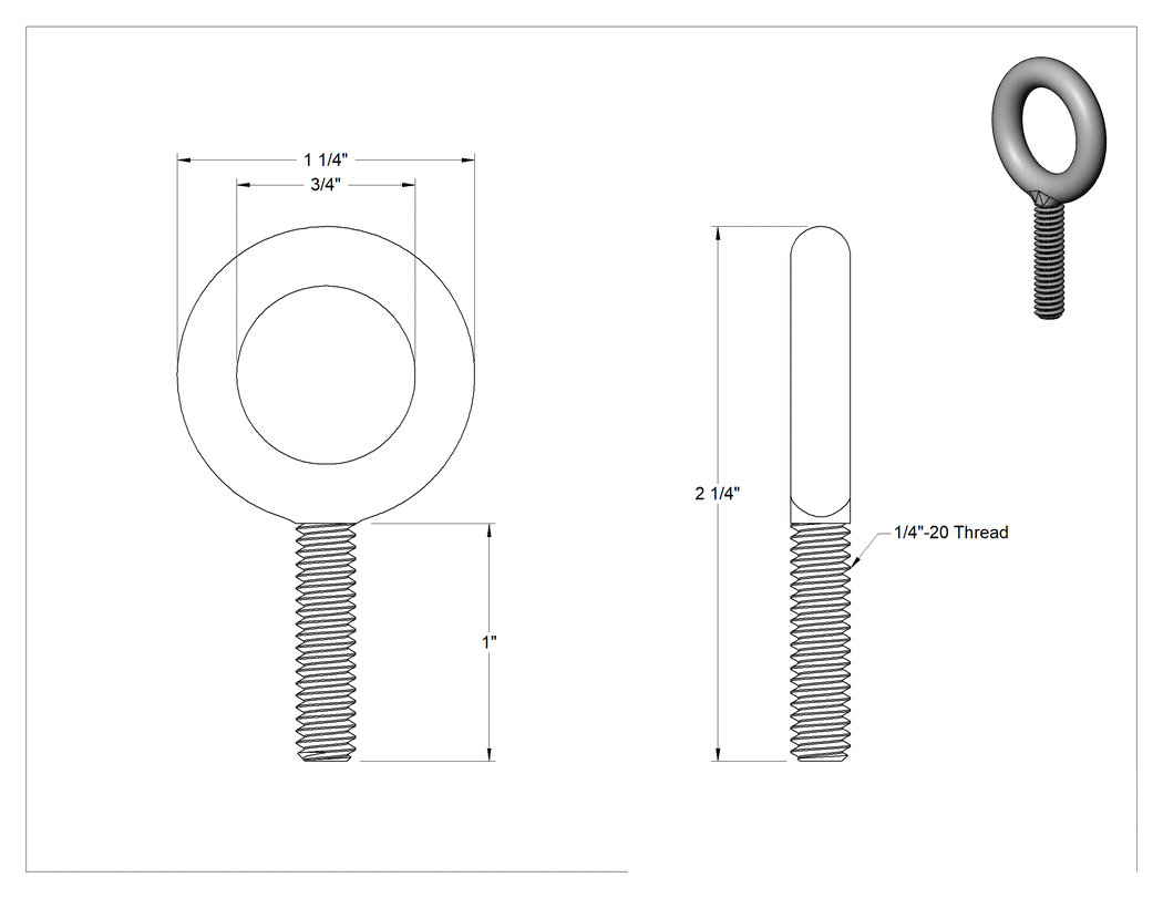Teknik Çizim - Naylon Kaplı Halka Cıvata, Kaldırma Omuzlu Olmayan, 1/4"-20 Diş Boyutu, 1" Diş Uzunluğu