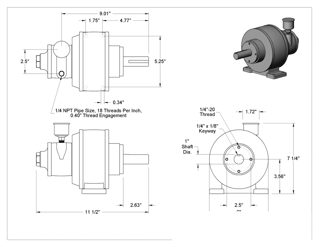 Teknik Çizim - Kompakt Pnömatik Dişli Motor, Yüzey/Taban Montajı, 1.7 hp ve 274 inç-lbs. 300 Maksimum rpm'de