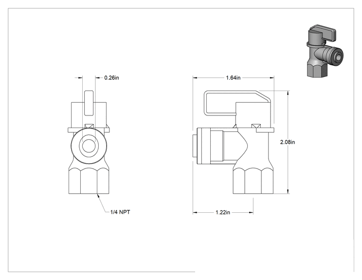 Teknik Çizim - Su için Kompakt PVC Açma/Kapama Dirsek Valfi, Tıkaç Valfi, 1/4 NPT Dişi x 1/4" Boru Dış Çapı Push-Connect