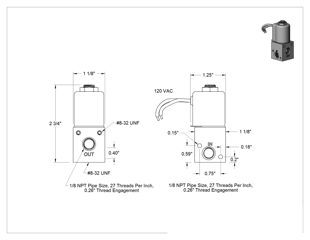 Teknik Çizim - Create-A-Manifold Solenoid Yönlendirme Valfi, 303 Paslanmaz Çelik Gövde, 1/8 NPT Dişi, 0.156 Akış Katsayısı