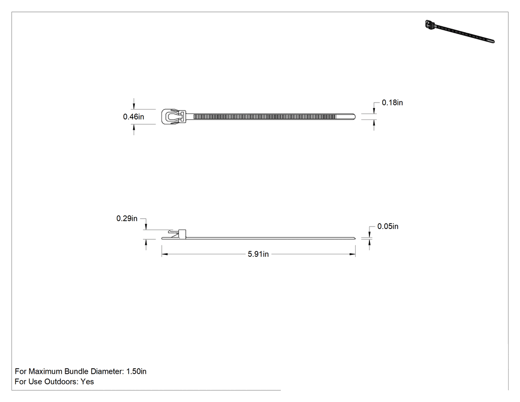 Teknik Çizim - Ayarlanabilir Metal Dedektörü ile Tespit Edilebilir Kablo Bağları, 6 inç Uzunluk, 0.19" Genişlik, 1-3/8" Maksimum Demet Çapı için