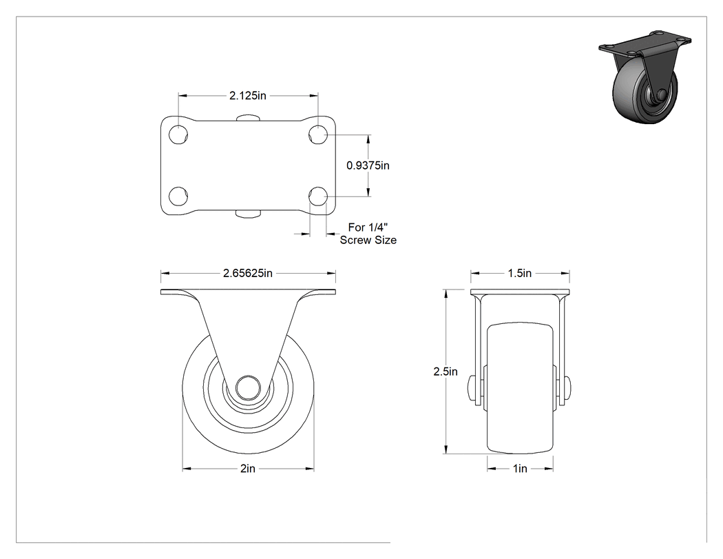 Teknik Çizim - Cart-Smart Tekerlek, 2" Çaplı Gri Kauçuk Tekerlekli Sert