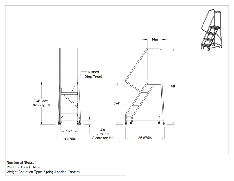 Teknik Çizim - Hafif Alüminyum Tekerlekli Platform Merdiveni, Yivli Basamaklar, 6' Yükseklik x 22" Genişlik x 37" Derinlik Toplam