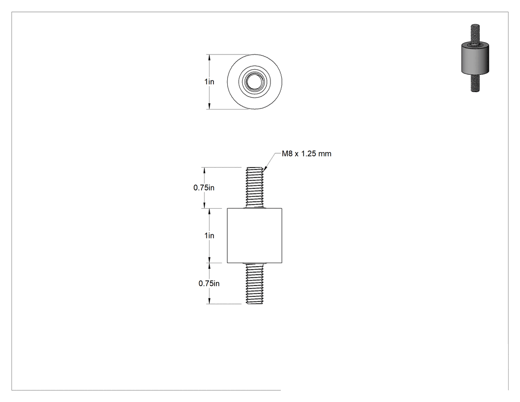 Teknik Çizim - Doğal Kauçuk Titreşim Sönümleyici Sandviç Montaj, M8 x 1.25 mm Dişli 304 Paslanmaz Çelik Saplama, 85 lbs. Kapasite