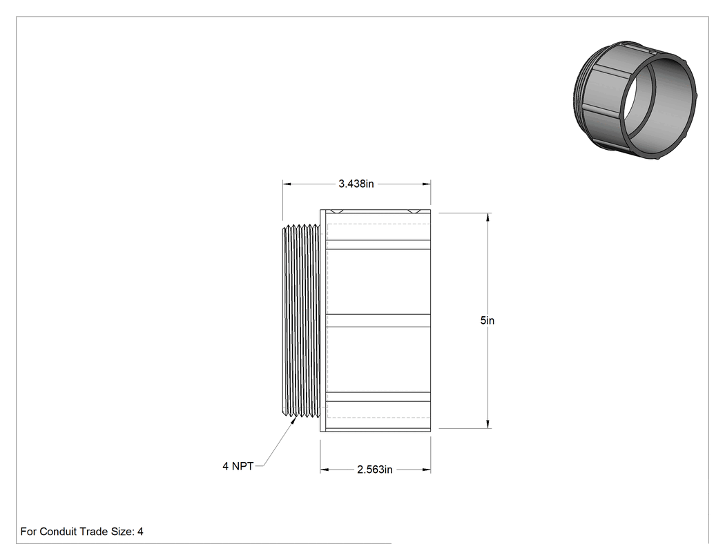 Teknik Çizim - Sert PVC Kanal için 4 Anma Ölçüsü Dişi x 4 NPT Erkek Adaptör