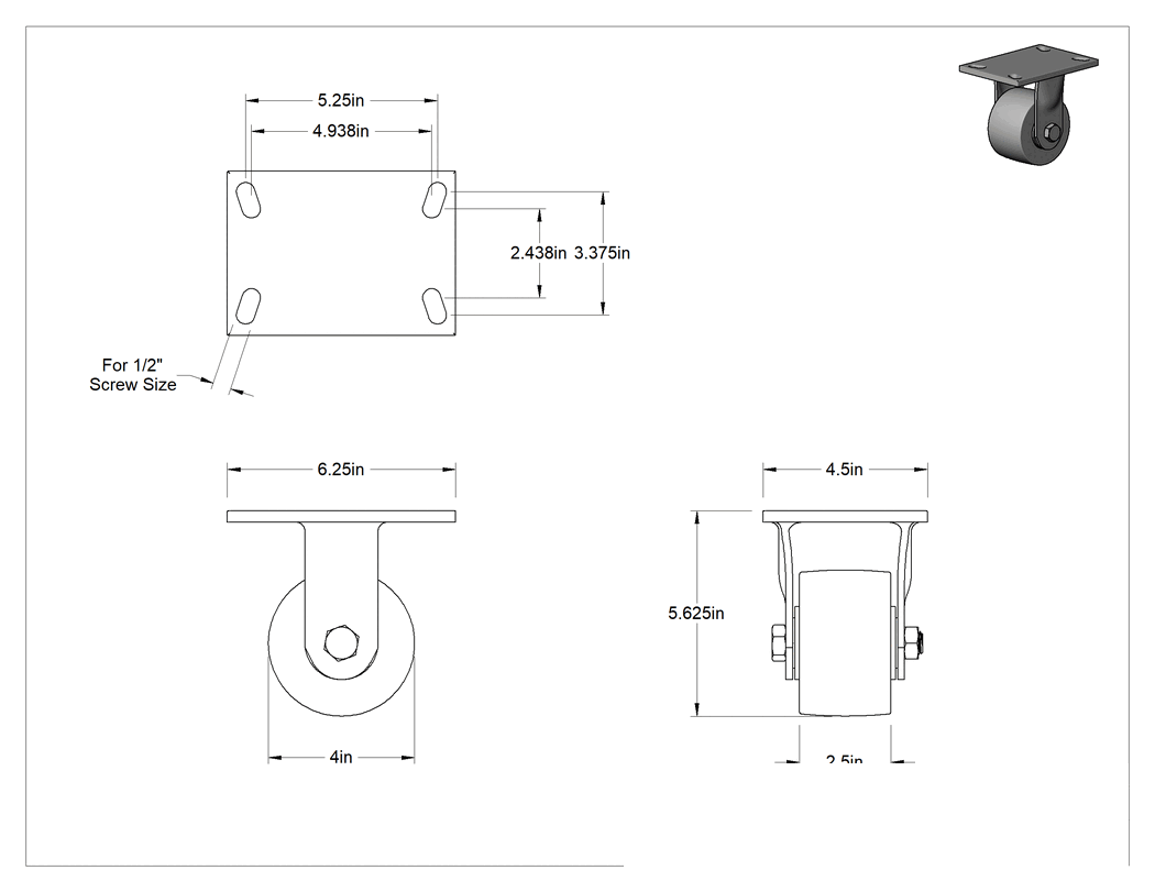 Teknik Çizim - Dövme Çerçeveli Yüksek Kapasiteli Spartan Tekerlek, 6-1/4" x 4-1/2" Plaka, 4 inç 75D Poliüretan Tekerlekli Sert