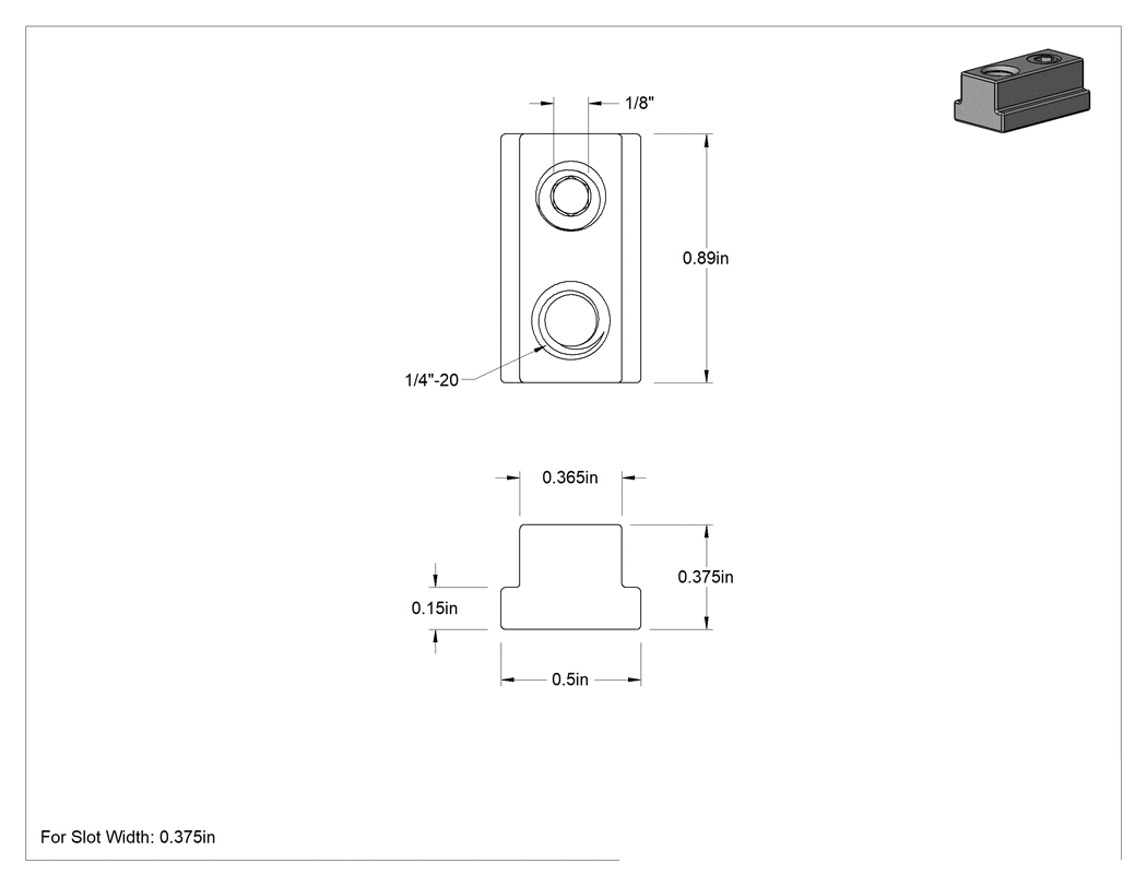 Teknik Çizim - 3/8" Yuva Genişliği için Strong-Hold T-Yuva Somunu