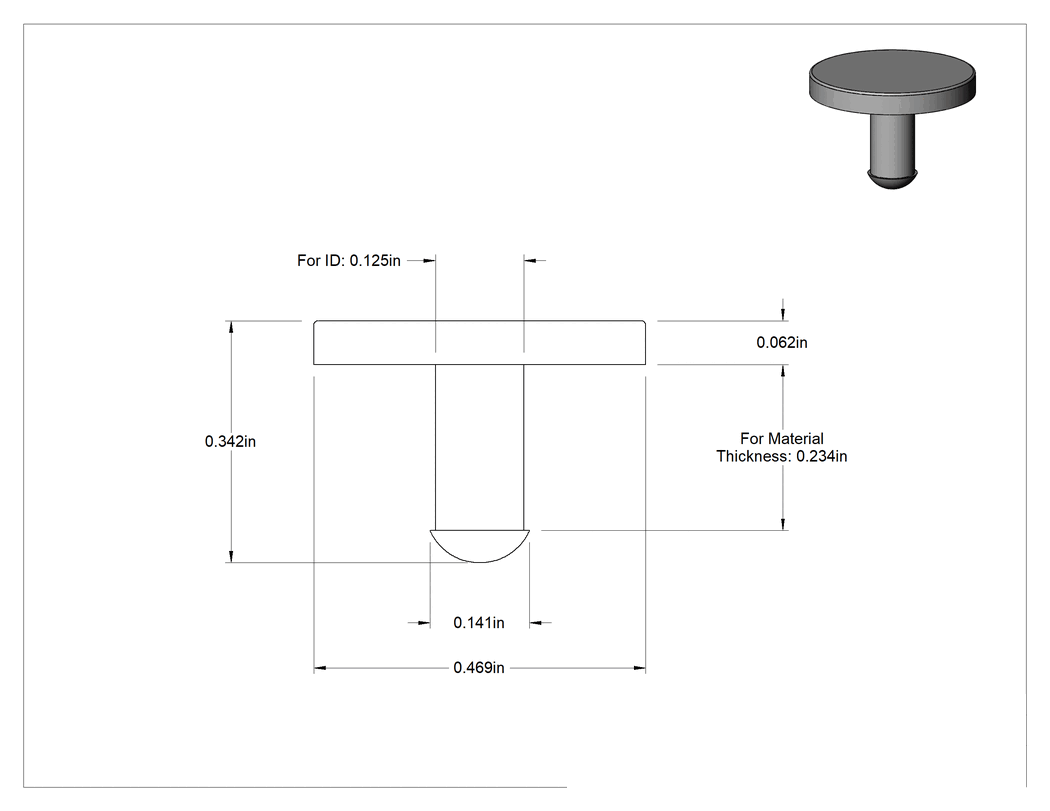 Teknik Çizim - SBR Kauçuk Sıkı Geçmeli Tampon, 1/8" İç Çap ve 15/64" Kalınlık için, 9/64" Sırt Çapı, 1/16" Yükseklik