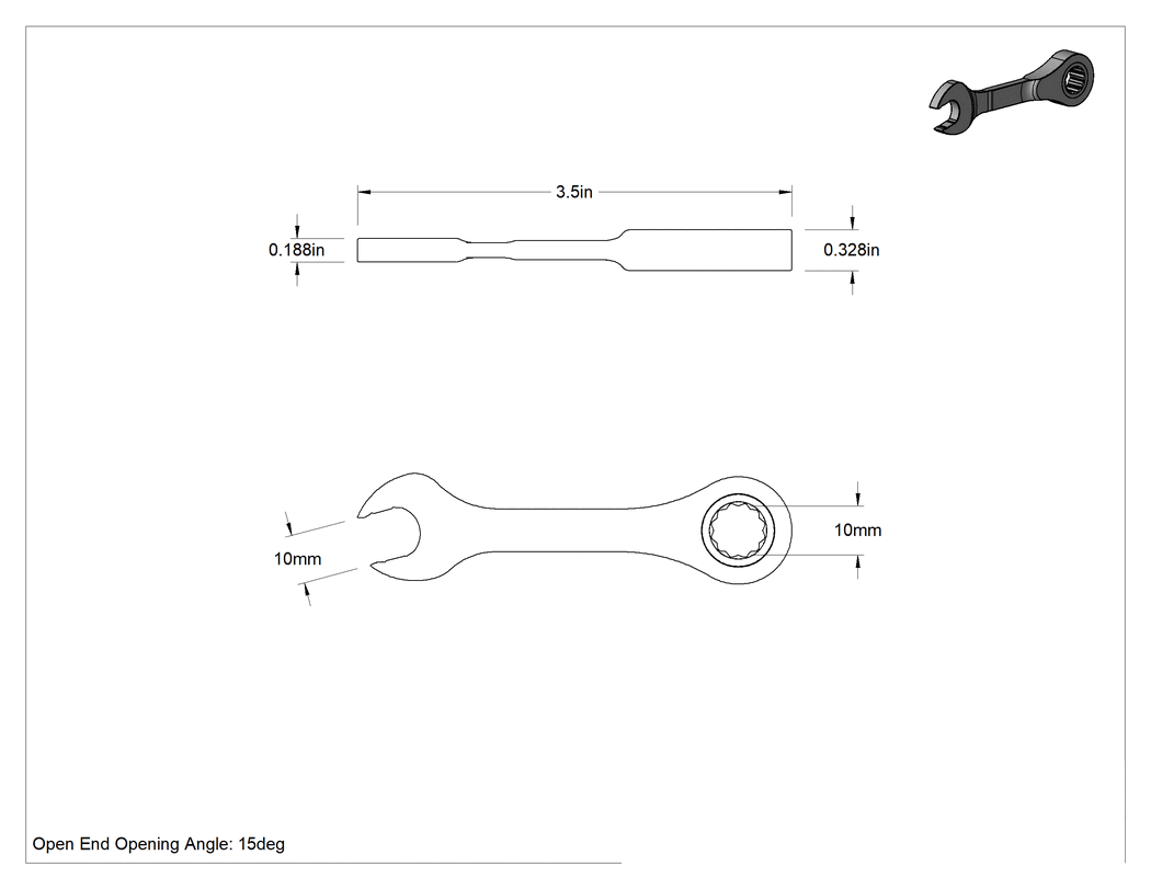 Teknik Çizim - Kısa Cırcırlı Kombinasyon Anahtarı, 10 mm Boyut, 3-1/2" Toplam Uzunluk
