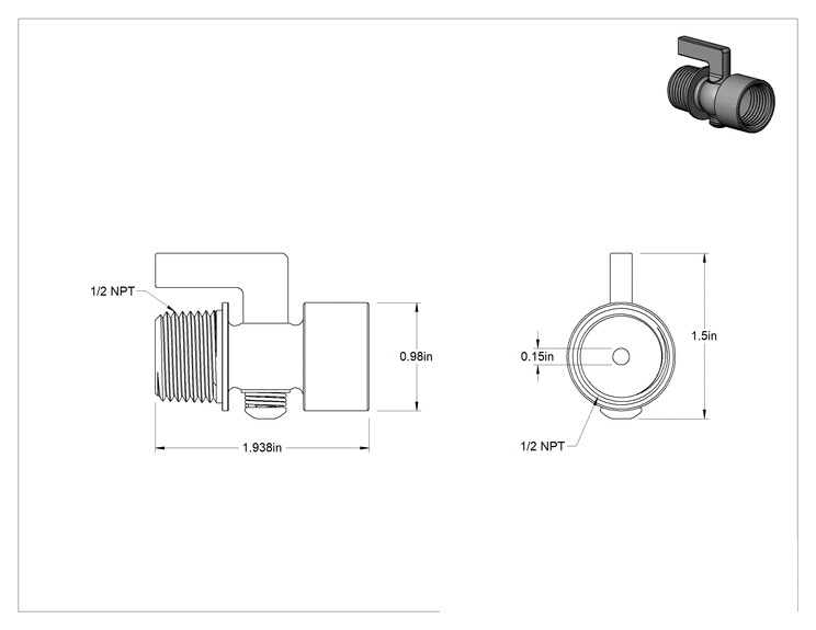 Teknik Çizim - Pirinç Gövdeli Açma/Kapama Vanası, Kompakt, Kol Tutacağı, 1/2 NPT Dişi x 1/2 NPT Erkek
