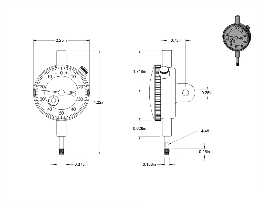 Teknik Çizim - Pistonlu Komparatör, Artı/Eksi Kadranı, 0" ila 0.500" Aralık, AGD Grubu 2