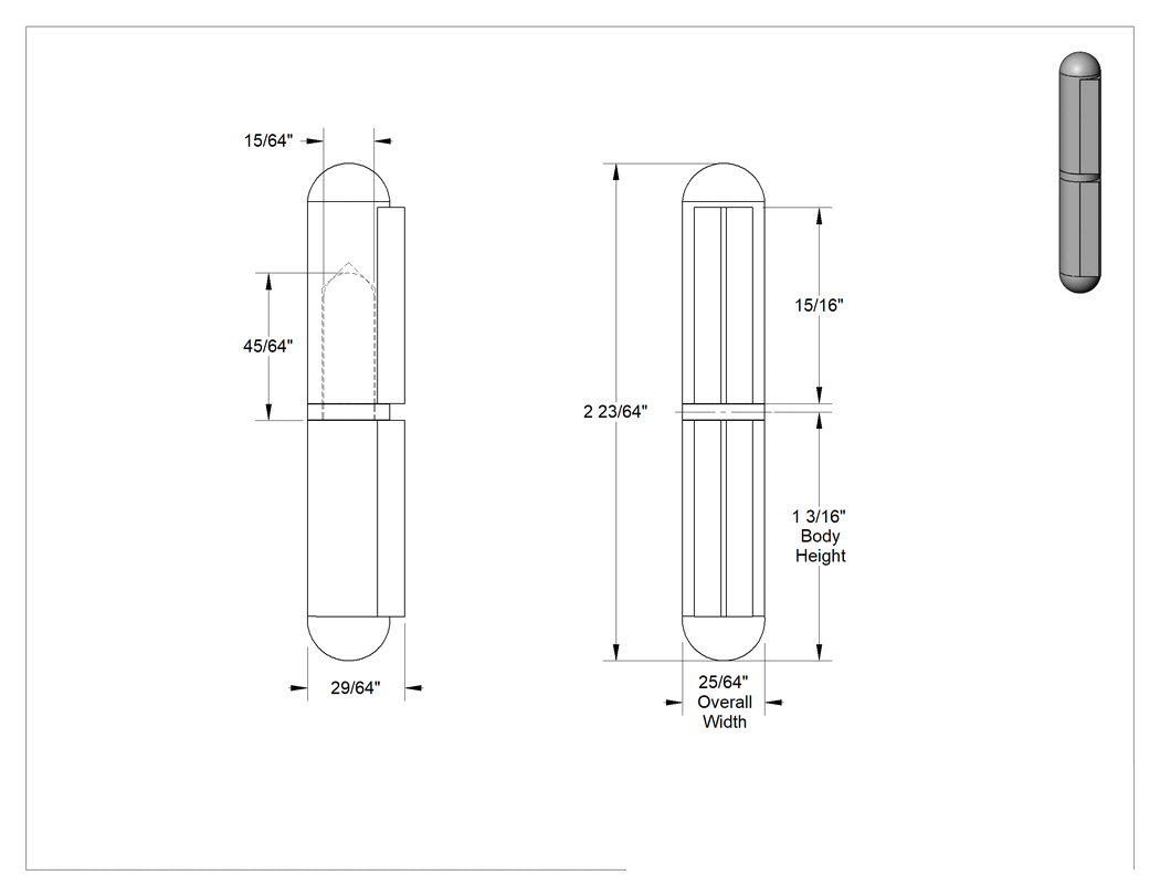 Teknik Çizim - Delikli Olmayan Dar Profilli Kaldırmalı Menteşe, 5052 Alüminyum, 1-3/16" x 3/8" Kapı Kanadı