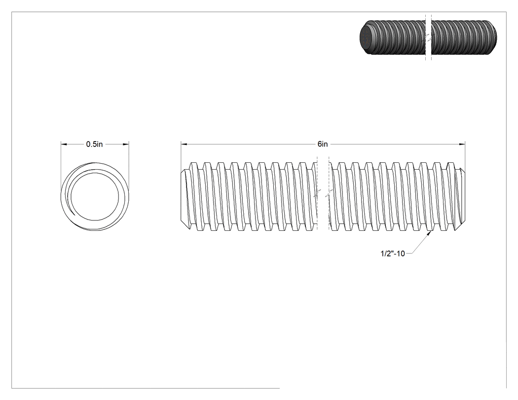Teknik Çizim - Çinko Kaplamalı Karbon Çelik Acme Kılavuz Vidası, Sağ Yönlü, 1/2"-10 Diş Boyutu, 6 inç Uzunluk