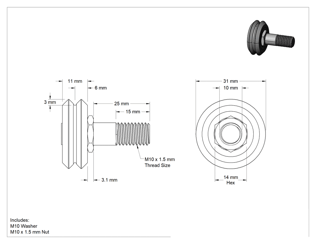 Teknik Çizim - Hijyenik Dişli V-Oluklu Ray Makarası, Standart Omuzlu, 31 mm Çap x 11 mm Genişlikte Silindir