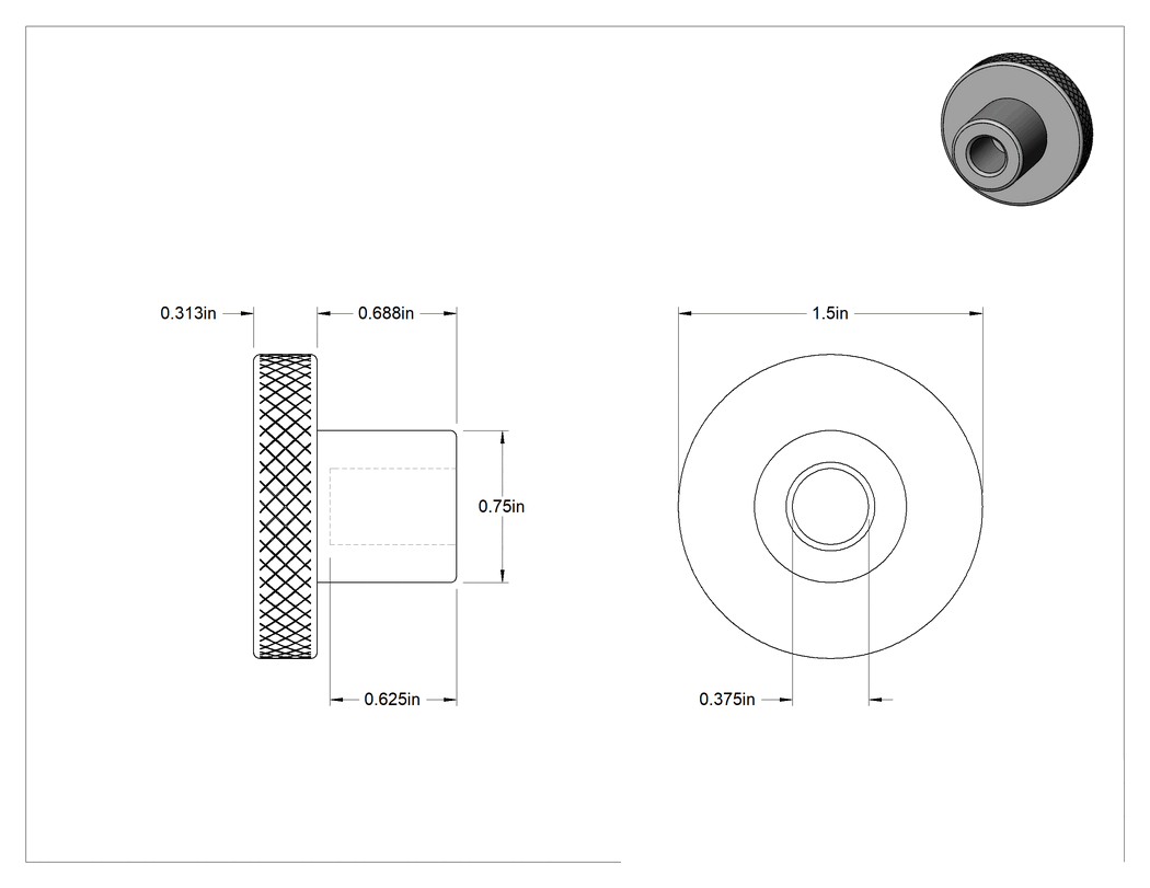 Teknik Çizim - Siyah Oksit Çelik Tırtıllı Tutma Düğmesi, 3/8" Çaplı Dişsiz Delikli, 1-1/2" Başlık Çapı
