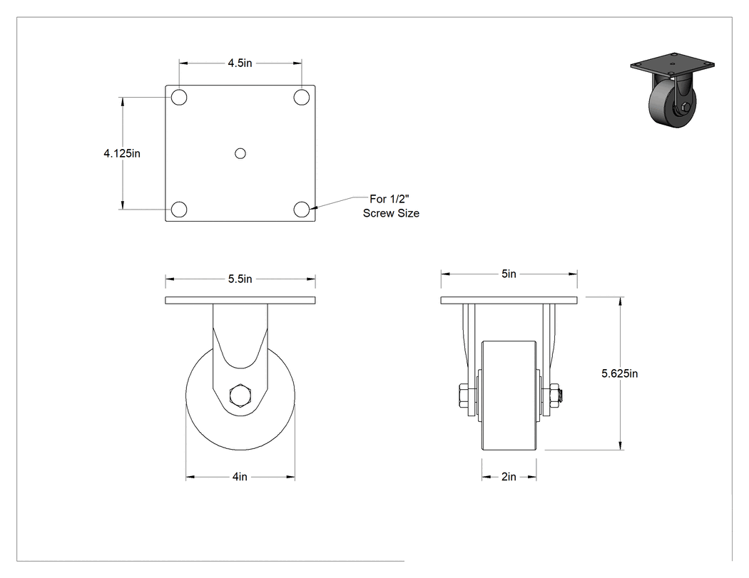 Teknik Çizim - 5-1/2" x 5" Plakalı Yüksek Kapasiteli Spartan Tekerlek, 4 inç Çapında 75D Durometre Poliüretan Tekerlekli Sert