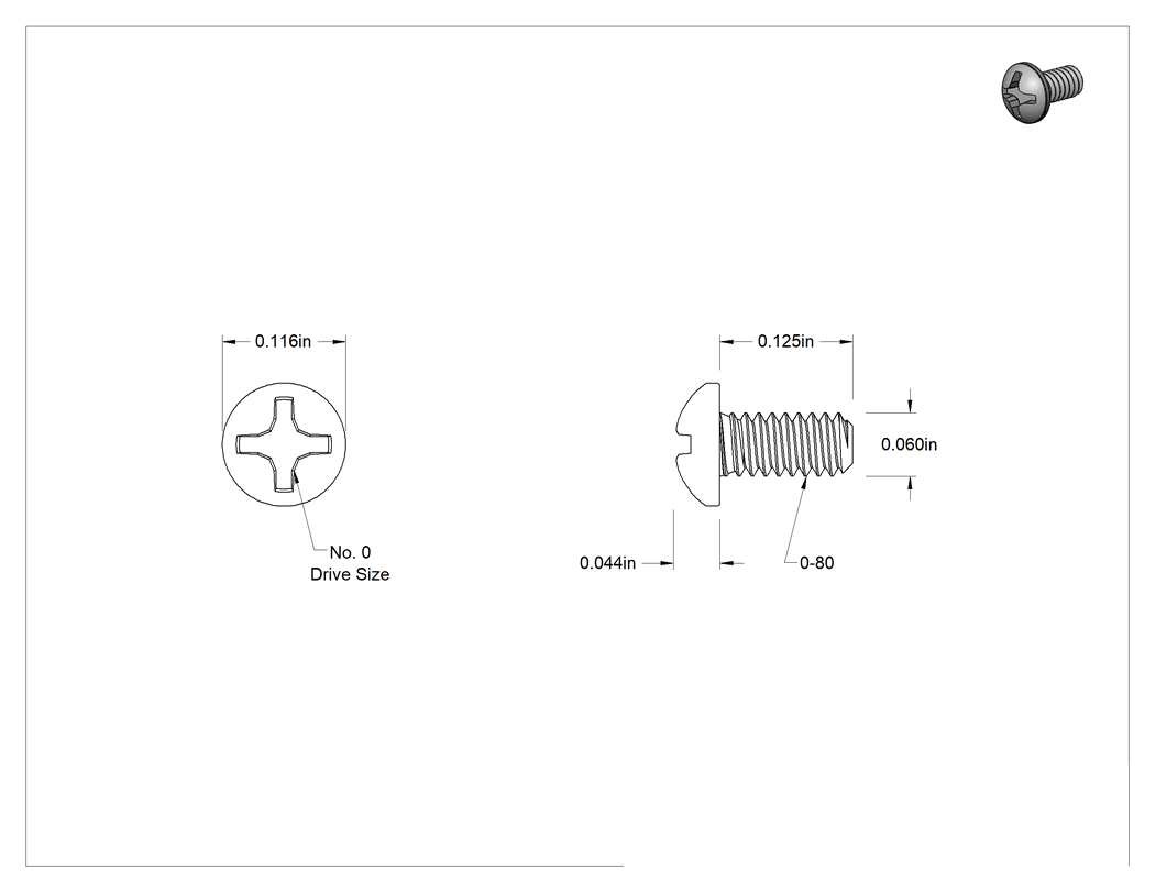 Teknik Çizim - Çinko Kaplamalı Çelik Silindir Başlı Phillips Vida, 0-80 Diş, 1/8" Uzunluk