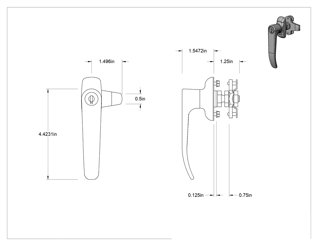Teknik Çizim - L Saplı Anahtarlı Çok Noktalı Kilit, 5/8"-3/4" Kilitleme Mesafesi, Saat Yönünde Açılır