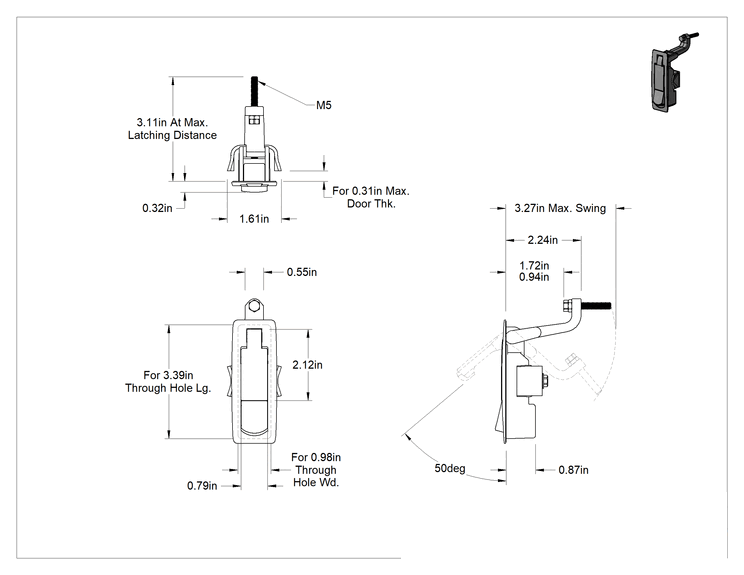 Teknik Çizim - Yıkanabilir Basma Düğmeli Sıkı Tutuşlu Kam Mandalı, Kürek Sapı, 15/16" ila 1-13/16" Mandal Aralığı, Krom Kaplama