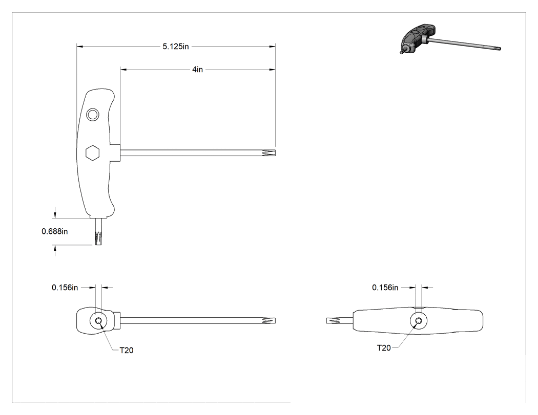 Teknik Çizim - Yüksek Kaldıraçlı Krom Kaplı Çelik T-Kolu Torx Anahtarı, T20 Tahrik Boyutu, 5-1/8" Toplam Uzunluk